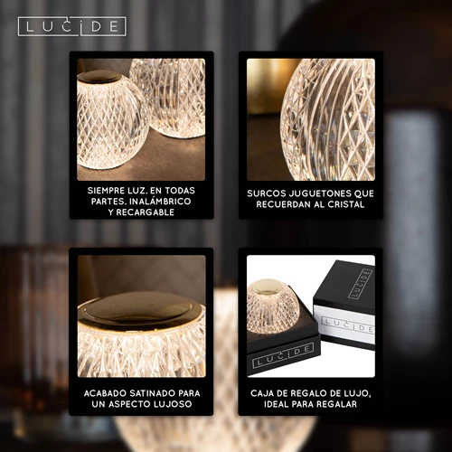 Lucide CINTRA - Lámpara de mesa Recargable - Batería/acumulador - Ø 11 cm - LED 3 StepDim - 1x2W 2700K - Transparente - USP